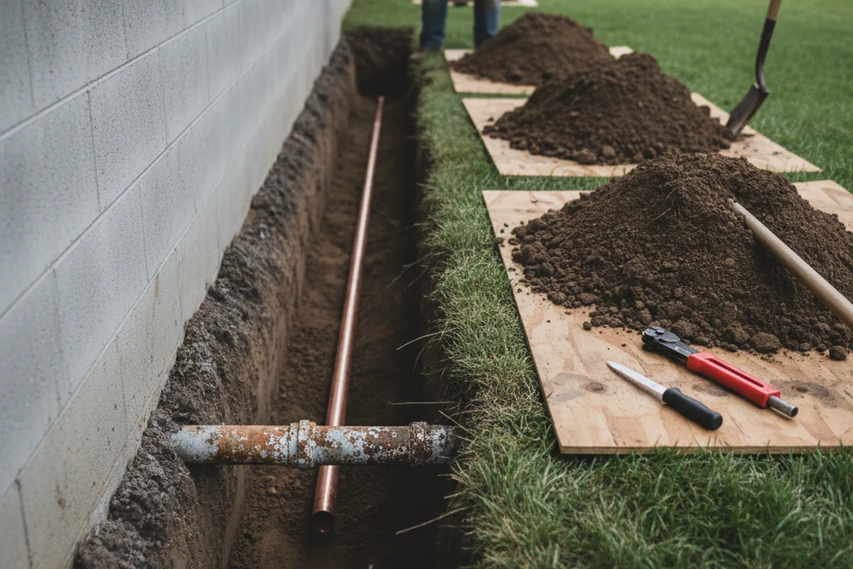 Excavated water line trench during Sewer Line Repair in Ontario
